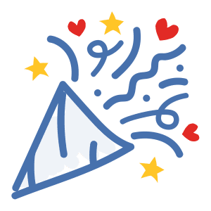 Icon fpr Gala event, drawing of party horn in blue, with blue streamers, yellow stars, and hearts