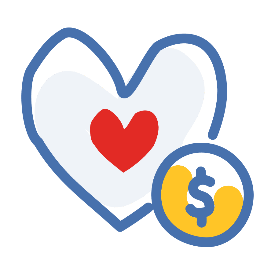 Hand drawn heart with blue outline, solid red heart nested inside. Coin with blue outlines, yellow accent, dollar sign
