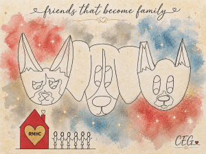 drawing of dogs and cat