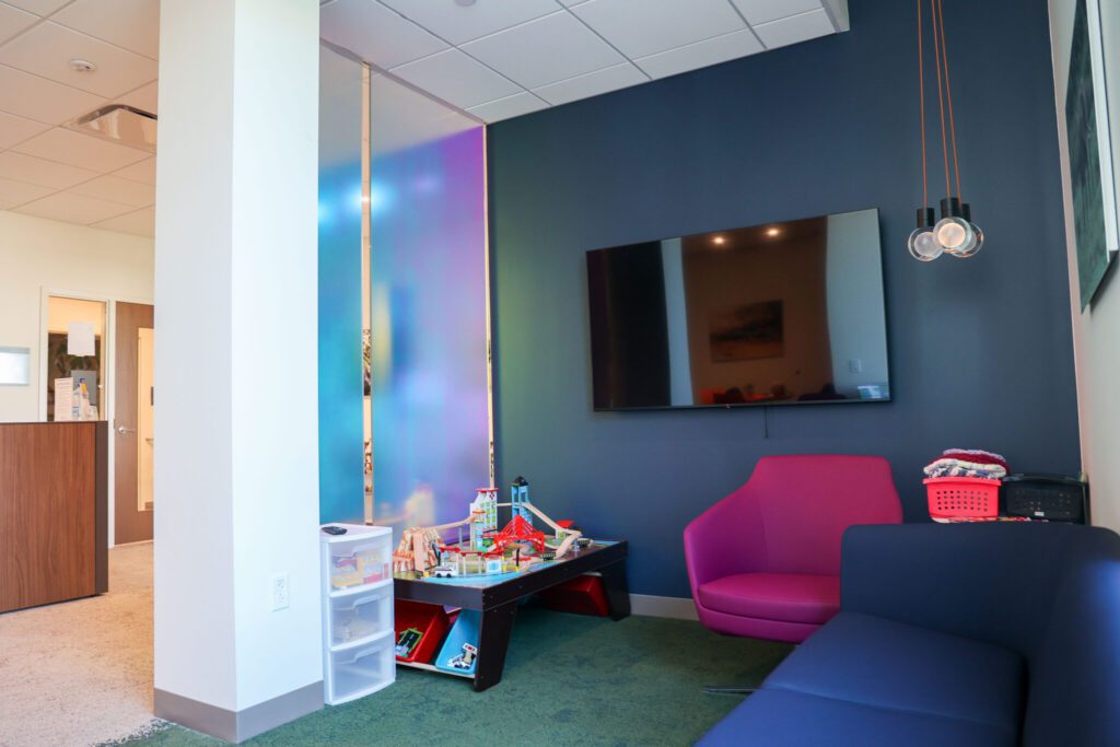 Play Area in the Family Room at MetroHealth includes comfy chairs for supervising adults.