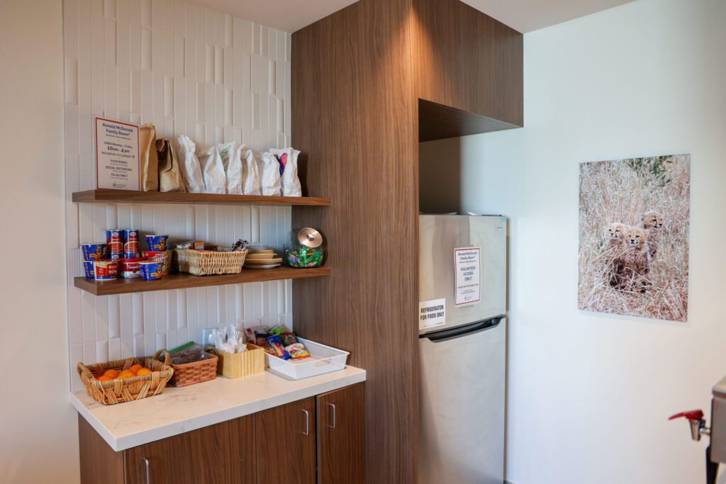 Grab and Go Snacks on shelves in the Family Room kitchenette at MetroHealth