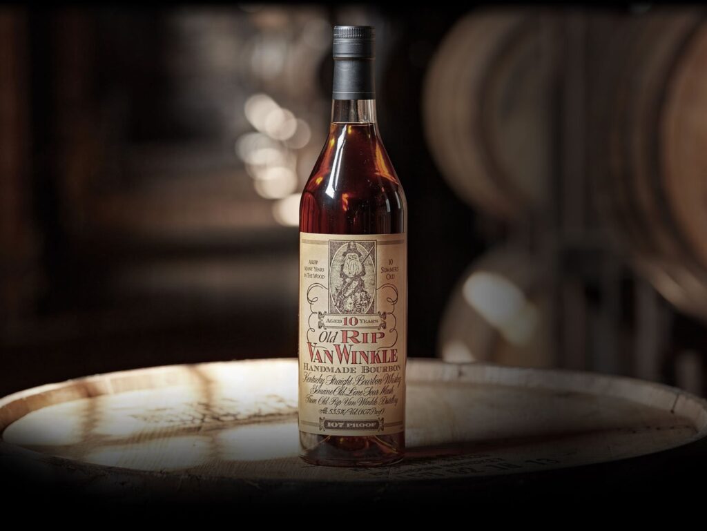 A photo of a bottle of Old Rip Van Winkle 10-year, 107 proof bourbon.