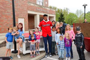 Cleveland Guardians outfielder Oscar Gonzalez with kids at Pull Tab Palooza