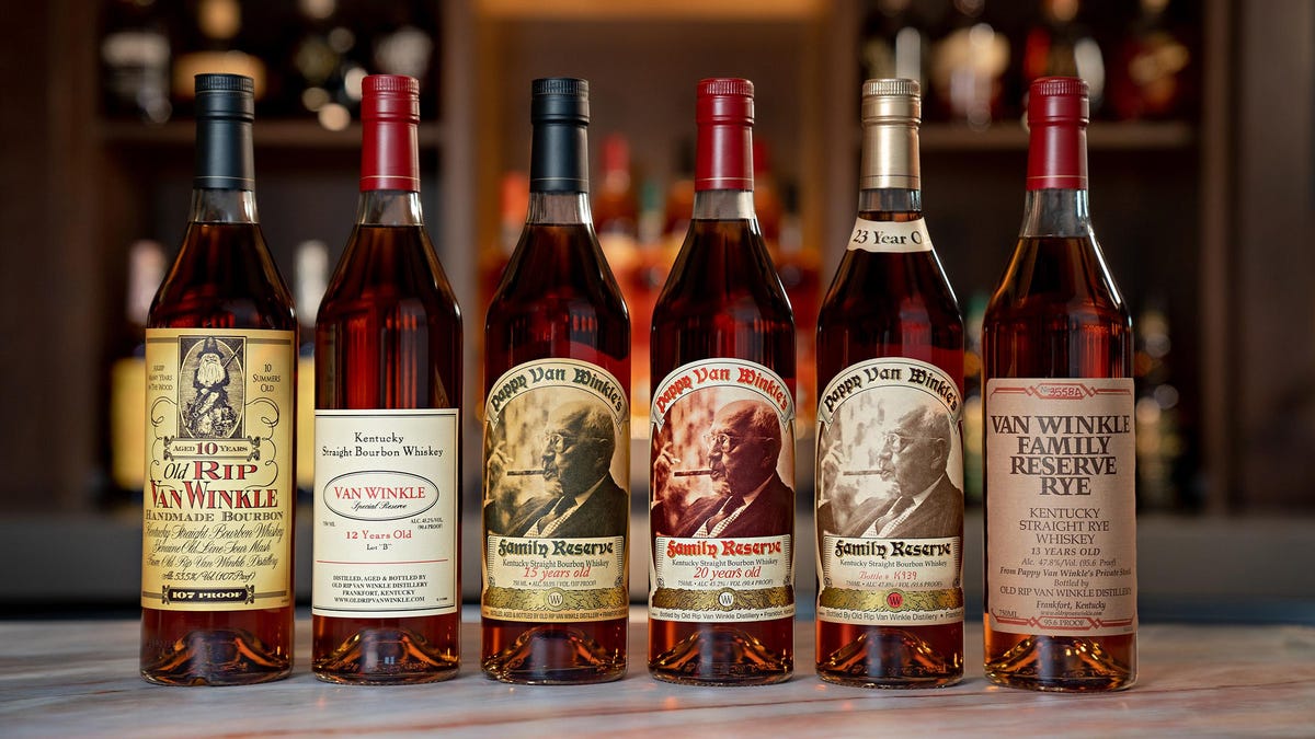 A photo of the Pappy Van Winkle six-bottle bourbon collection.