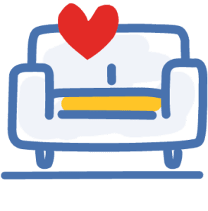 Ronald McDonald House Programs, Icon, Line drawing of couch with red heartin upper left, yellow accent on cushion