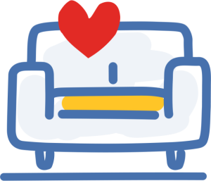 RM-FamliyRoom_program-cropped Icon, Couch. Line drawing in RMHC colors. Blue outline. Yellow accents and red heart