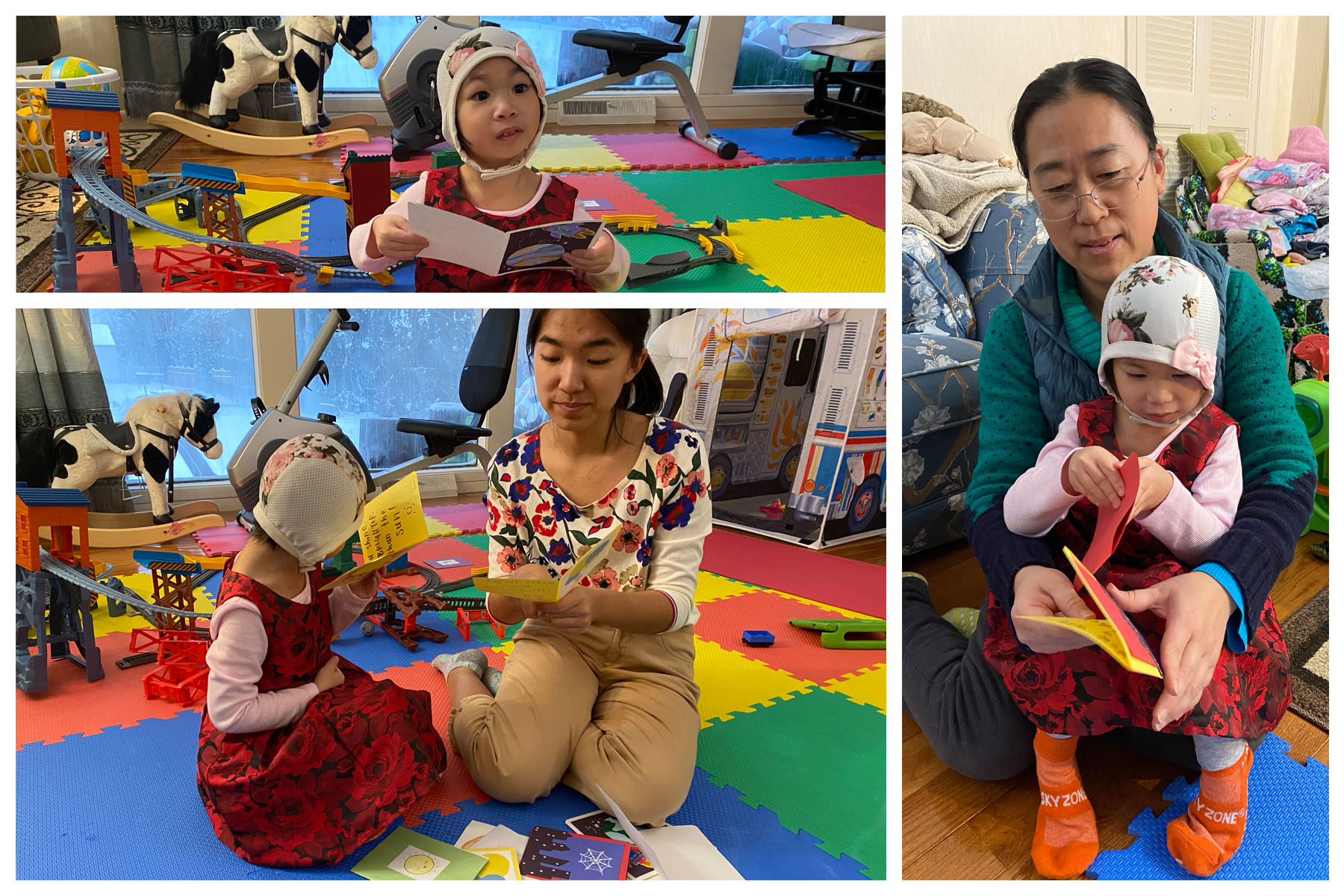 three photos of Bowen, Khloe and mother reading cards