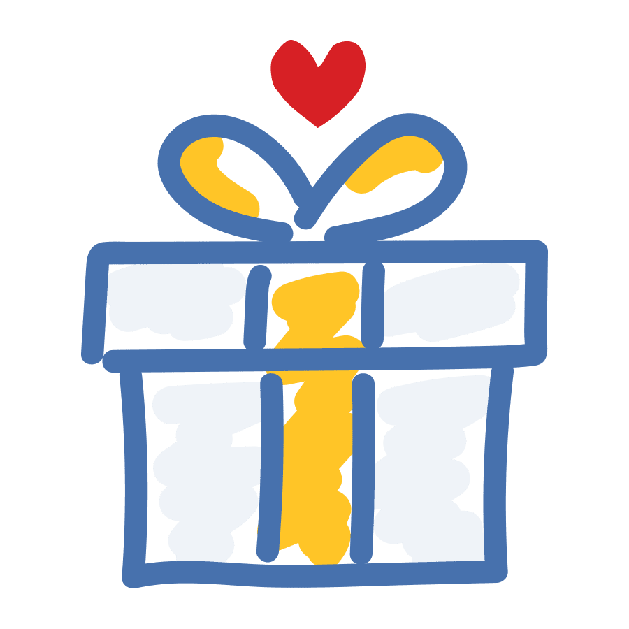Drawing of gift box with blue outlines, tied with a bow snf ribbon thst hsve yellow sccents small red heart centerd above