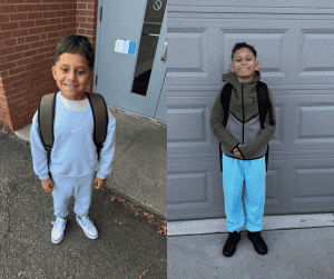 kids on their first day of school with backpacks on