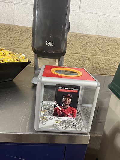 A pull tab collection box on a concession stand at Progressive Field